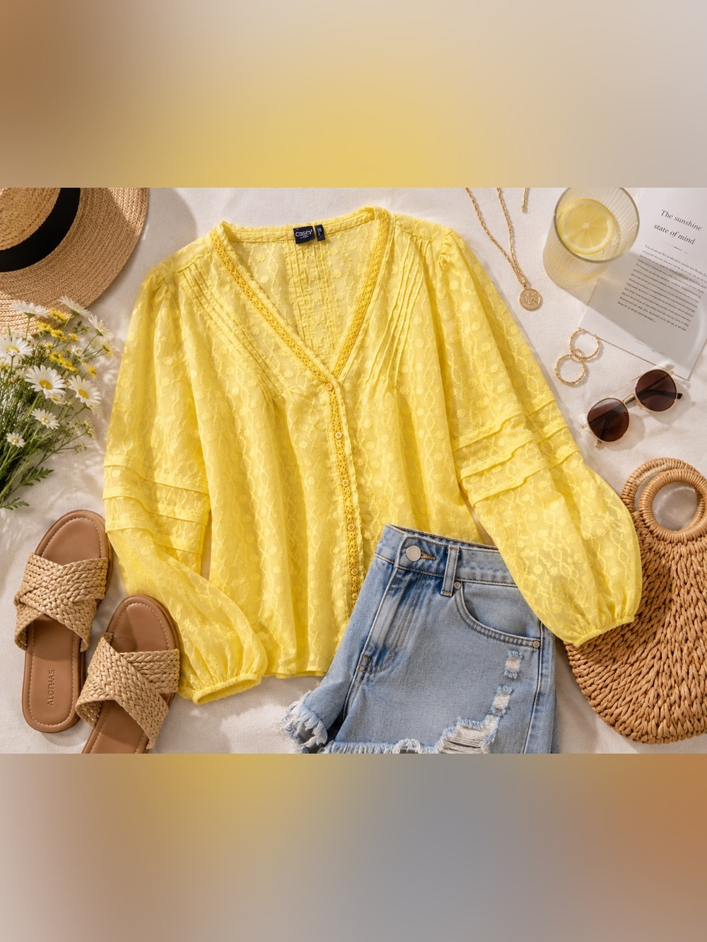 Cruel Denim Boho Yellow Peasant Blouse XXL Cottagecore V Neck Button Tunic Top